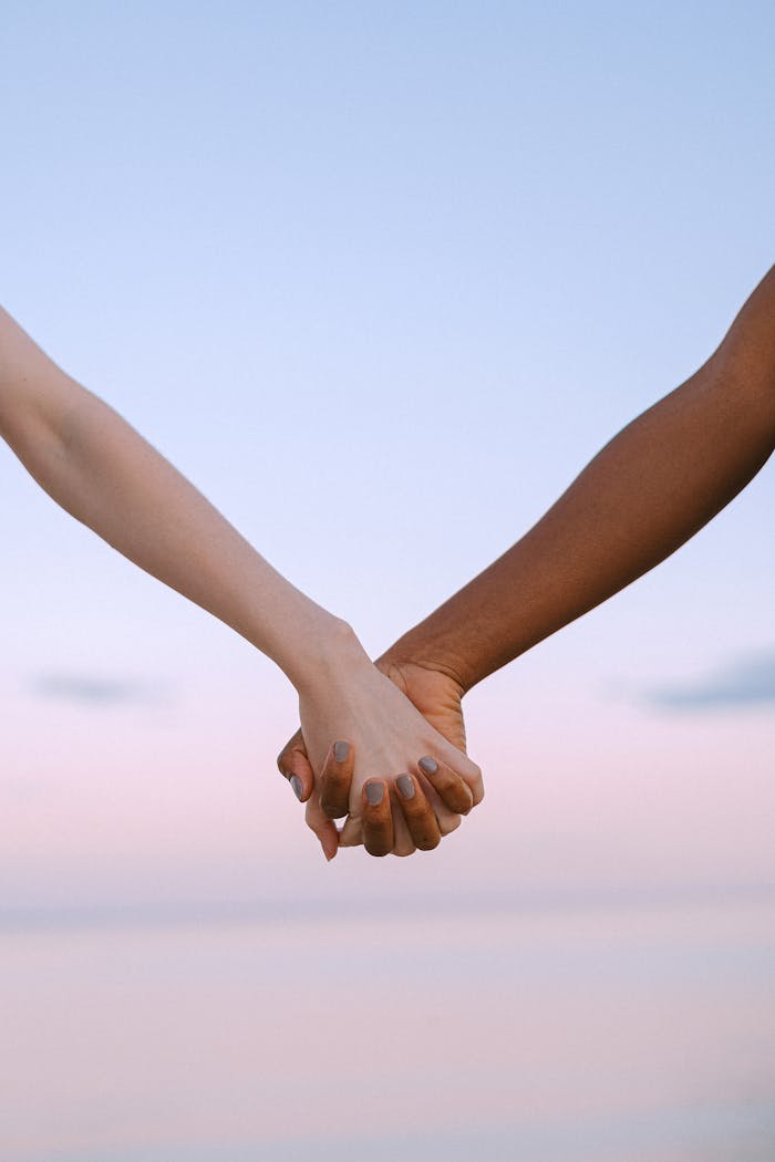 our-services-3 Closeup of multiracial hands holding, symbolizing unity and equality against a serene sky.